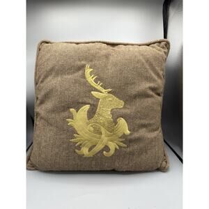 15x15 Brown Herringbone Pillow Gold Stag Crest Faux Suede Back Rustic Decor
